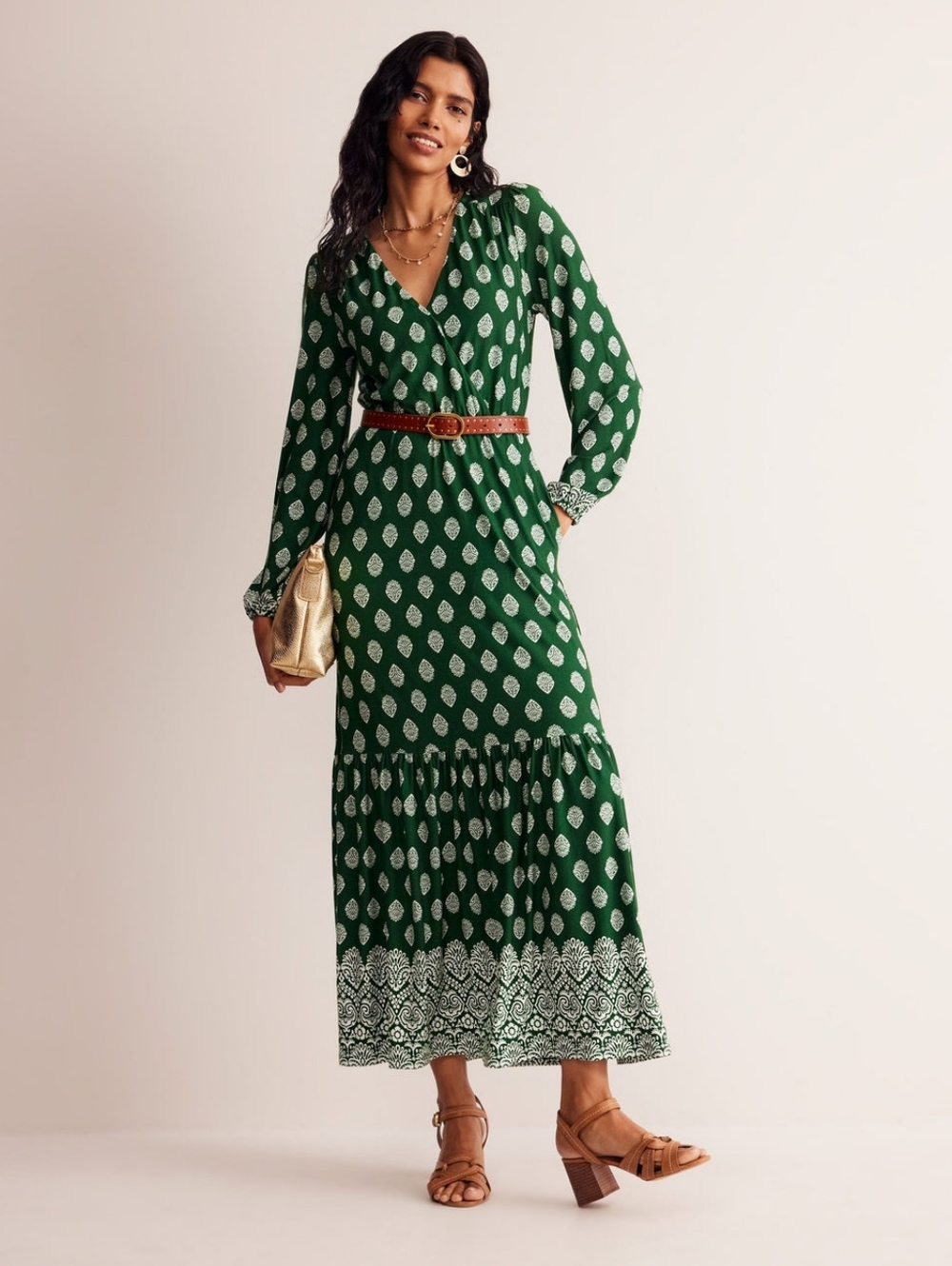 Boden Ophelia Wrap Midi Jersey Dress Pine Ornate Stamp NO SASH BELT size 8P